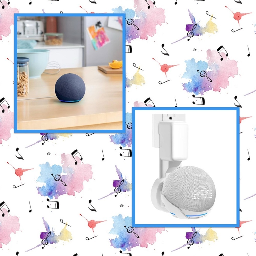 Echo Dot 5 Smart Speaker with Blue Fabric Cover and Wall Mount In White
